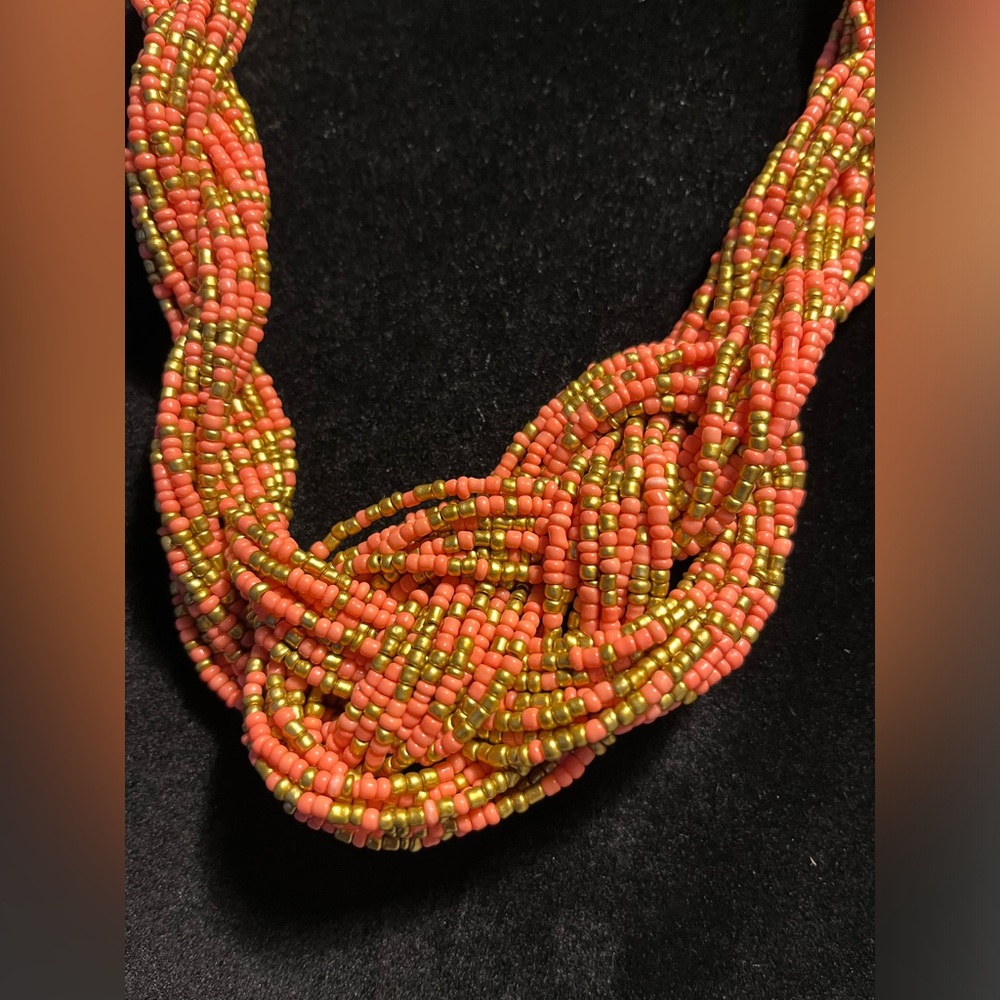 Beaded choker necklace. Bohemian glam. Peach and gold small intricate beading